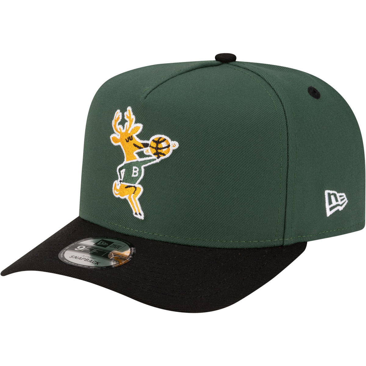 Men's Milwaukee Bucks  New Era Hunter Green/Black 80s Throwback A-Frame 9FIFTY Snapback Hat