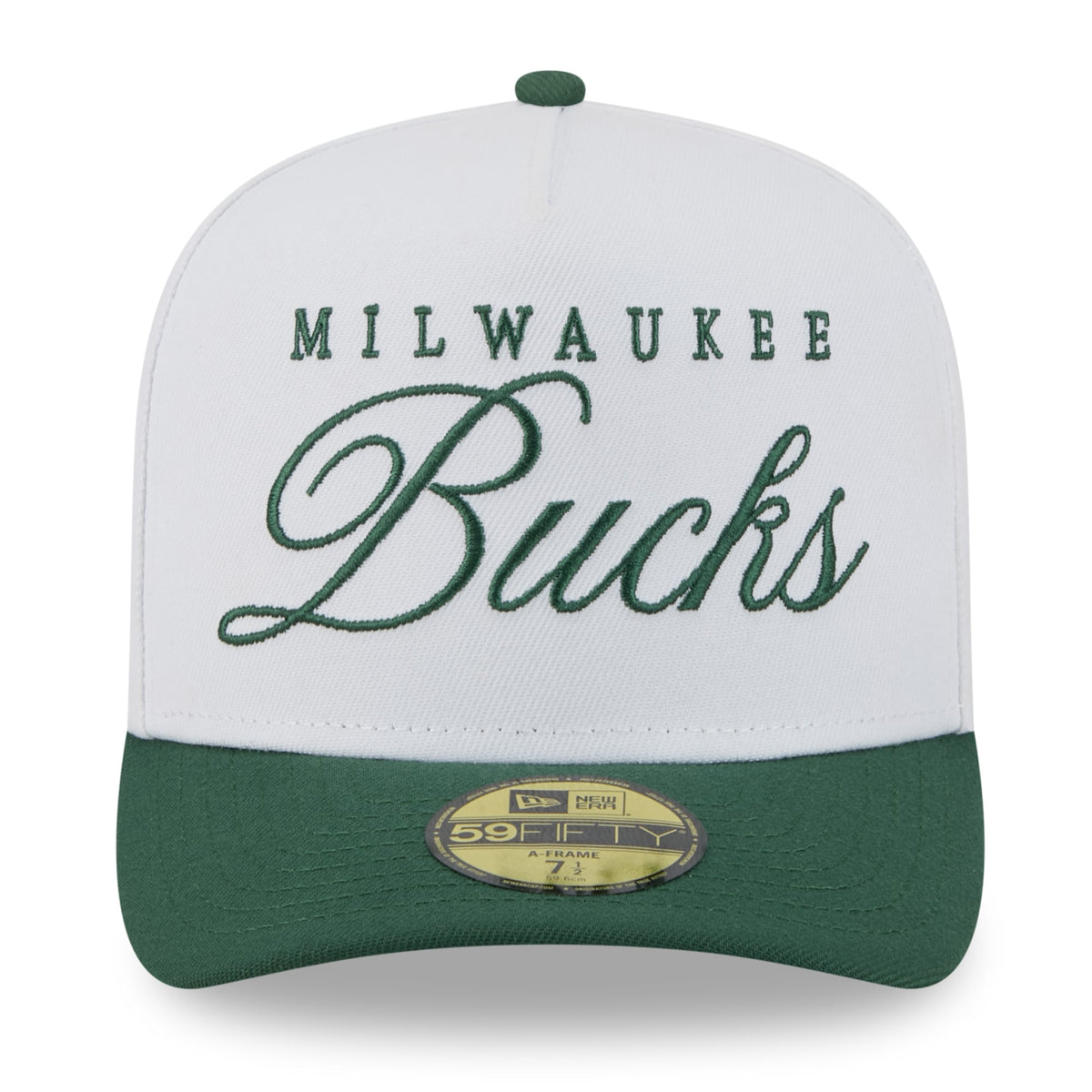 Men's Milwaukee Bucks New Era White/Hunter Green 2025 NBA Draft A-Frame 59FIFTY Fitted Hat