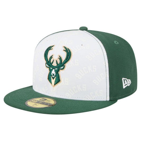 Men's Milwaukee Bucks  New Era White/Hunter Green Repeat 59Fifty Fitted Hat