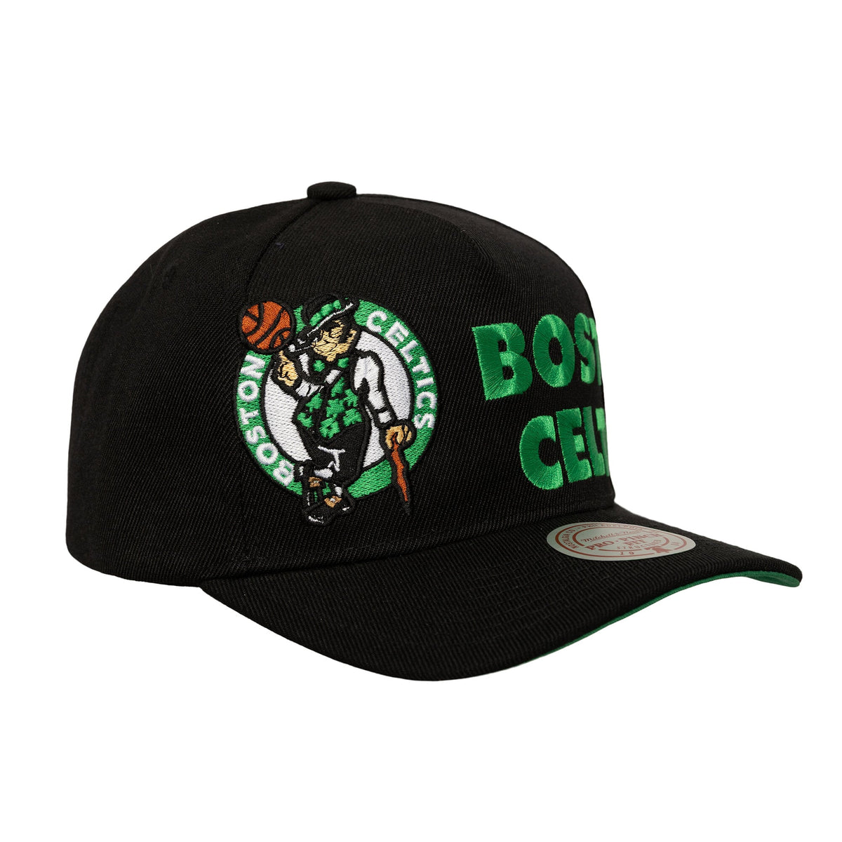 Men's Boston Celtics  Mitchell & Ness Black Busted Logo Wordmark Wrap-Around Pro Pinch Adjustable Hat