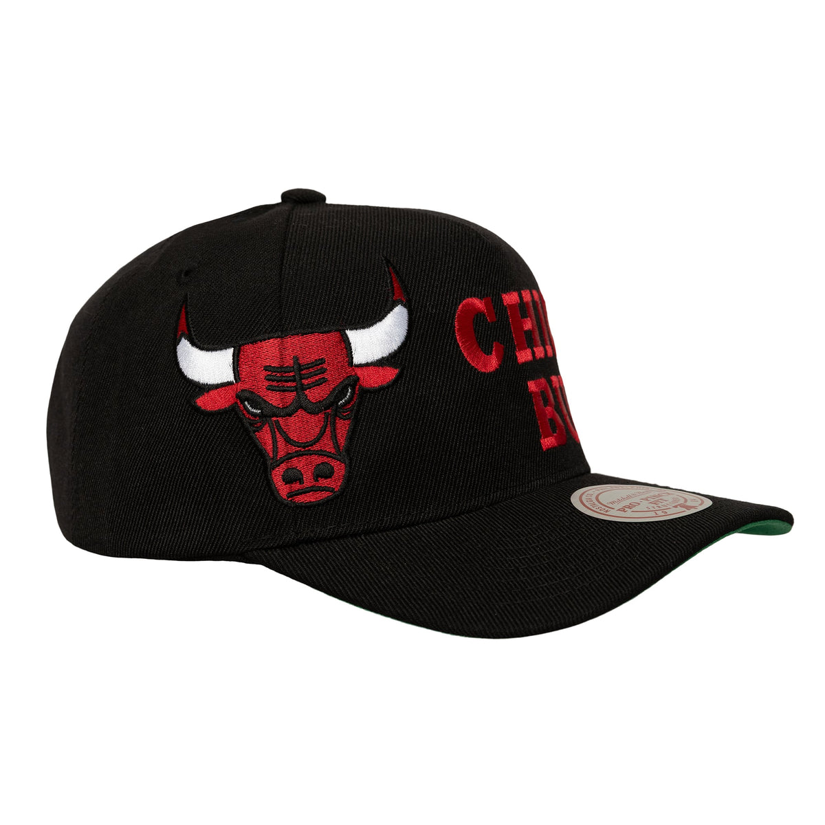 Men's Chicago Bulls  Mitchell & Ness Black Busted Logo Wordmark Wrap-Around Pro Pinch Adjustable Hat