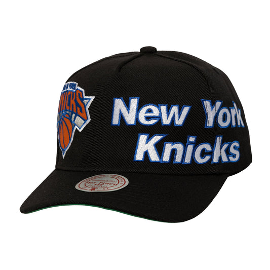Men's New York Knicks  Mitchell & Ness Black Busted Logo Wordmark Wrap-Around Pro Pinch Adjustable Hat
