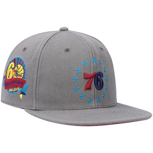 Men's Philadelphia 76ers Mitchell & Ness Charcoal Hardwood Classics 60th Anniversary Carbon Cabernet Fitted Hat