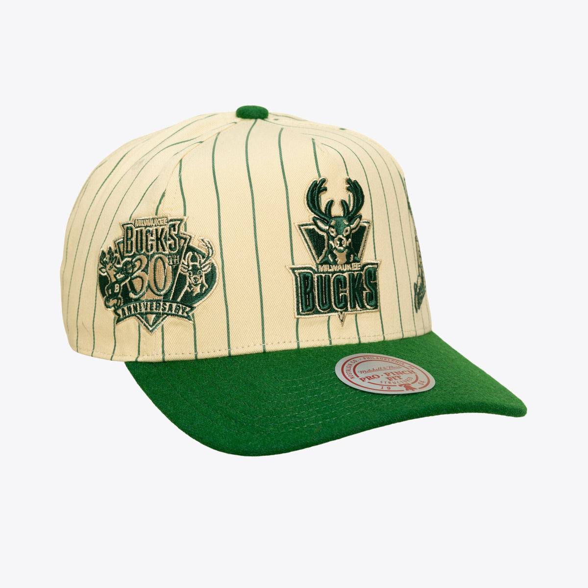 Men's Milwaukee Bucks Mitchell & Ness Cream Hardwood Classics Retro Roots Stripe Pro Adjustable Hat
