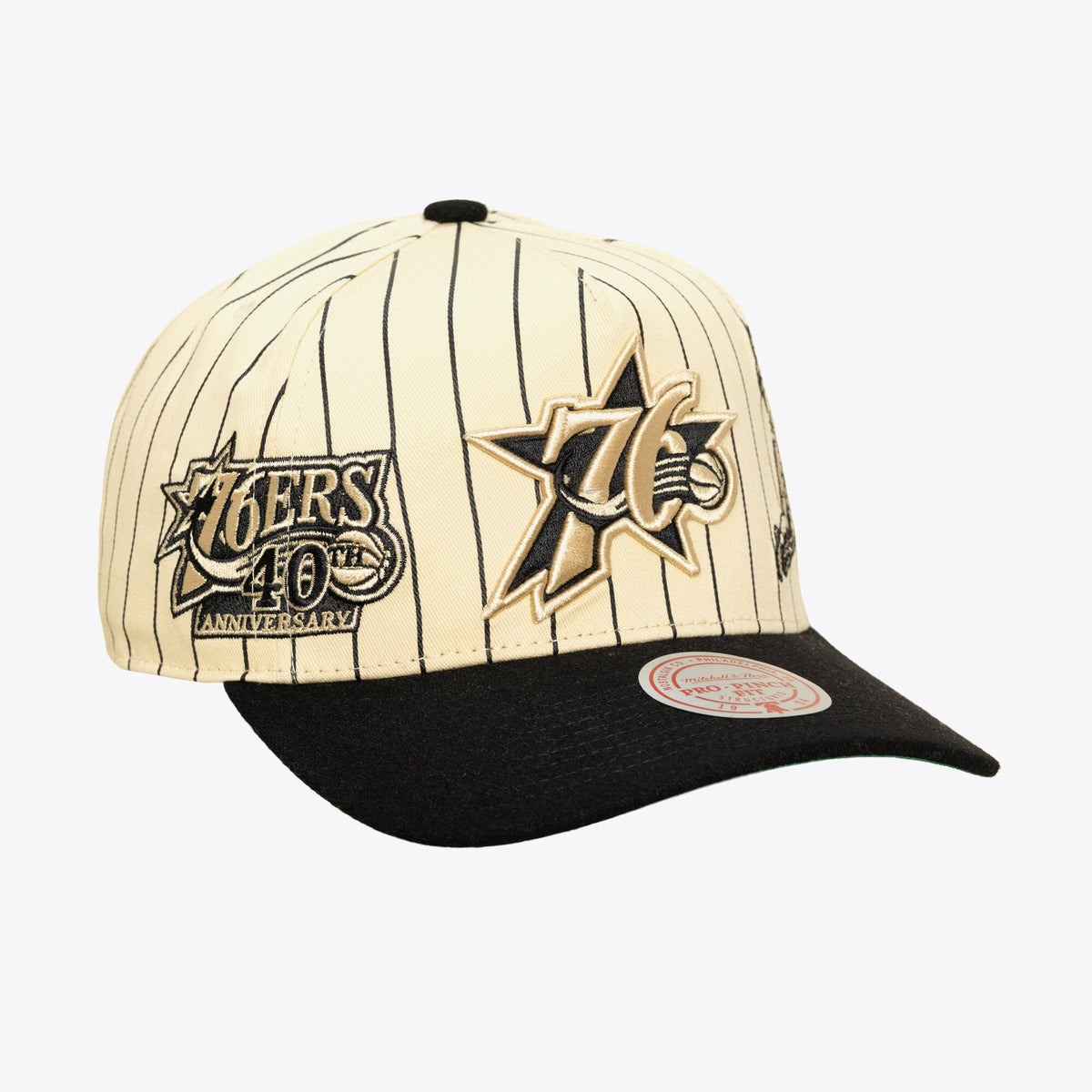 Men's Philadelphia 76ers Mitchell & Ness Cream Hardwood Classics Retro Roots Stripe Pro Adjustable Hat
