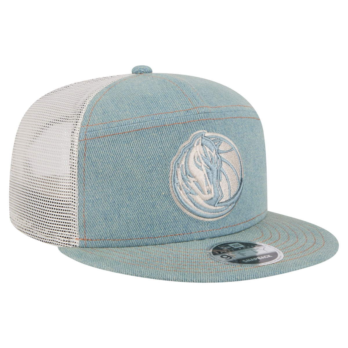 Men's Dallas Mavericks New Era Adventure Denim Split Panel 9FIFTY Snapback Trucker Hat