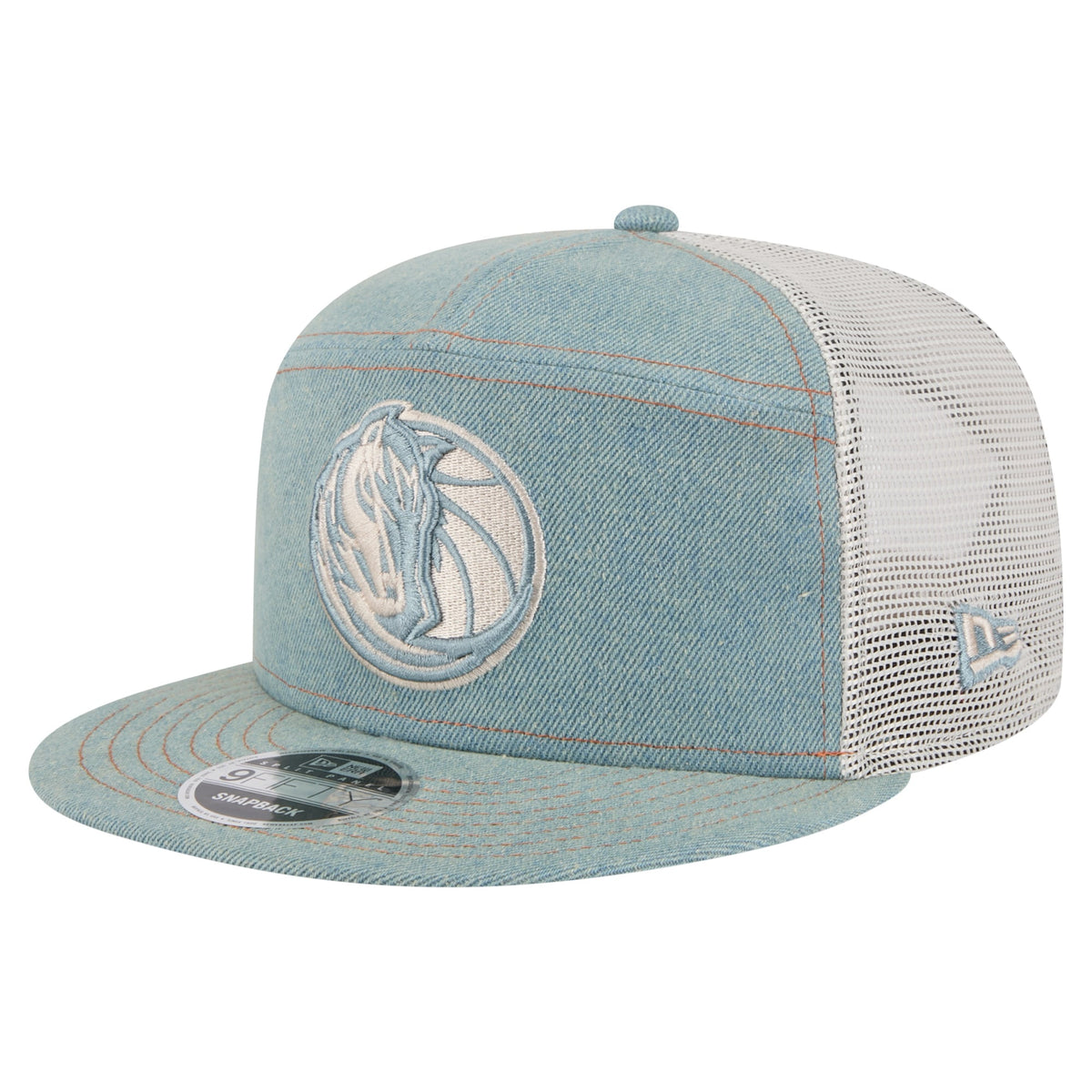 Men's Dallas Mavericks New Era Adventure Denim Split Panel 9FIFTY Snapback Trucker Hat