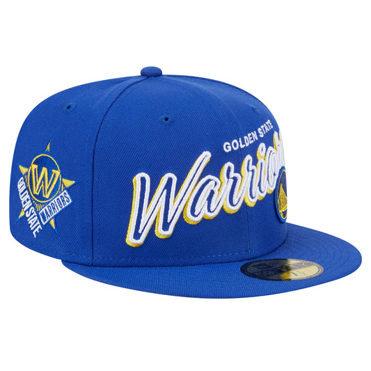 Men's Golden State Warriors New Era Royal Sport Night Script Sided 59FIFTY Fitted Hat