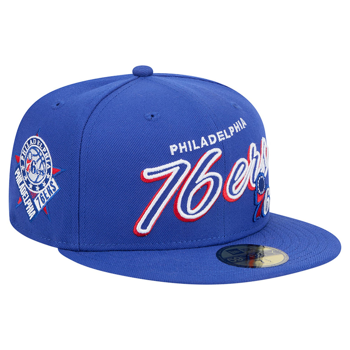 Men's Philadelphia 76ers New Era Royal Sport Night Script Sided 59FIFTY Fitted Hat