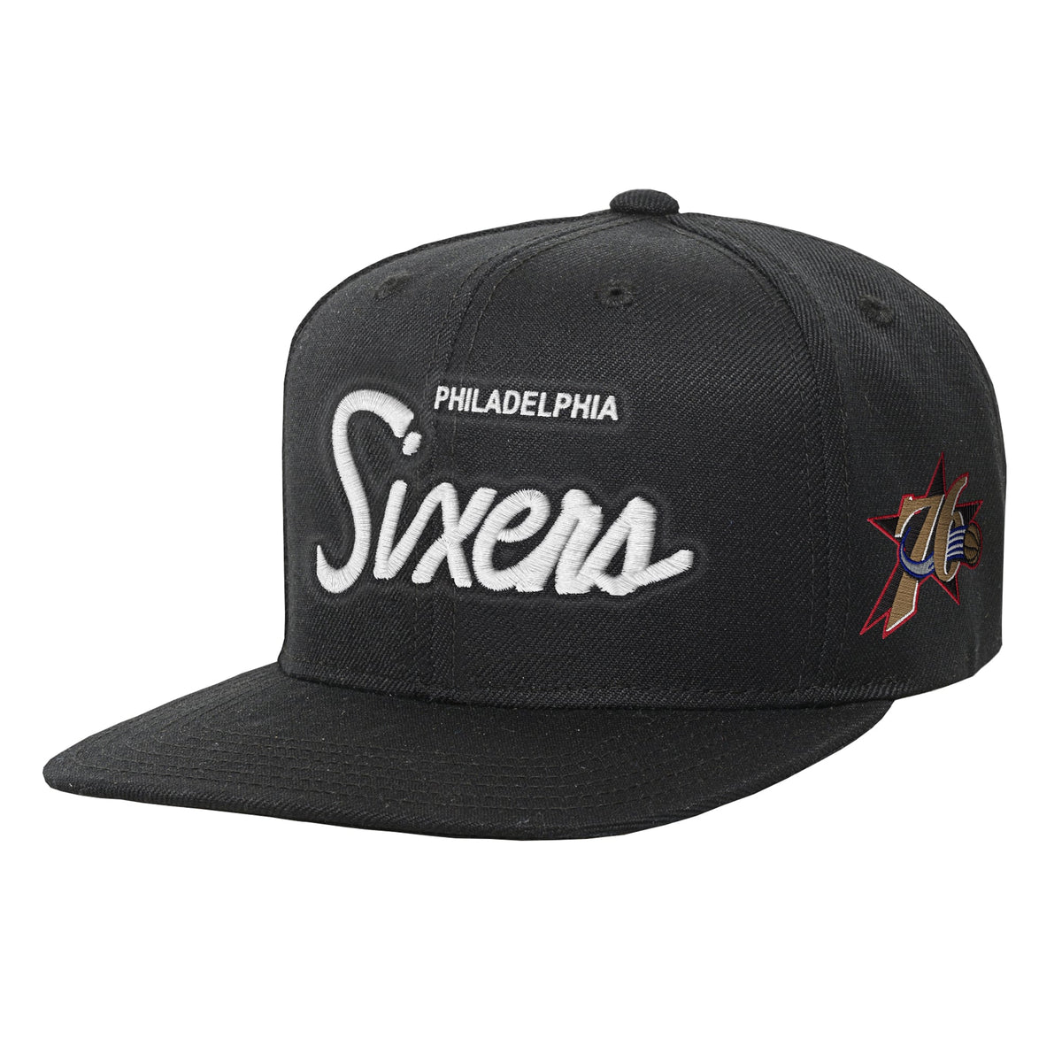 Youth Philadelphia 76ers Mitchell & Ness Black Head Coach Flat Brim Snapback Hat
