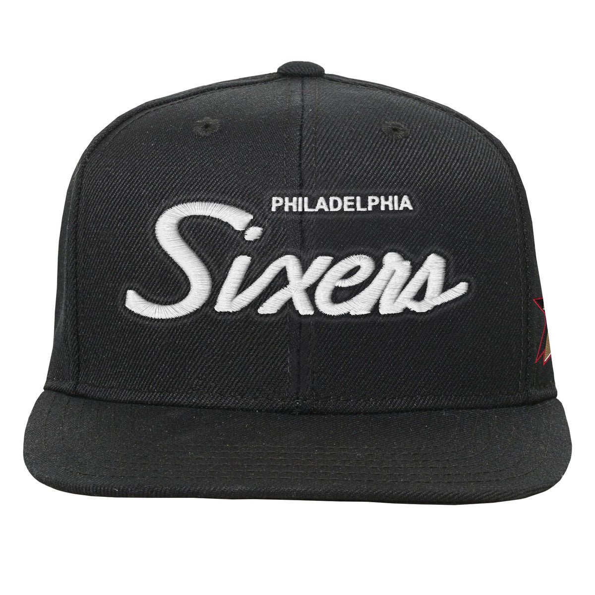 Youth Philadelphia 76ers Mitchell & Ness Black Head Coach Flat Brim Snapback Hat
